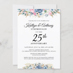 Convite Aniversário elegante Aquarela Azul Floral Dourado