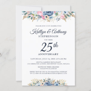 Convite Aniversário elegante Aquarela Azul Floral Dourado
