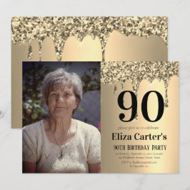 Convite Aniversário Elegante de 90 anos Drip Gold