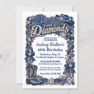 Convite Aniversário Elegante de Jeans e Diamantes