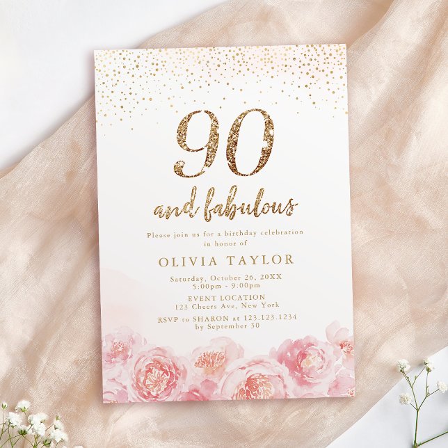 Convite Aniversário elegante de ouro e 90 floral (Elegant script gold & blush floral 90th birthday invitation)