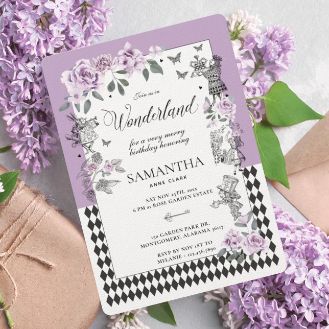Convite Aniversário em Wonderland Chic Lilac Floral Fairyt (Birthday in Wonderland Chic Lilac Floral Fairytale Invitation)