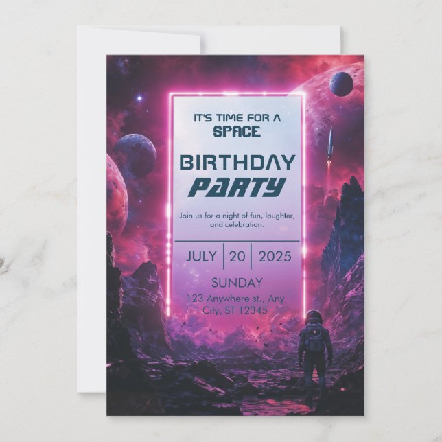Convite Aniversário Espacial de Astronauta Ciberpunk Neon (Frente)