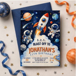 Convite Aniversário Espacial de Astronauta de Foguete em A