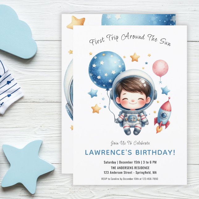 Convite Aniversário Espacial do Astronauta Fofo (Outer Space Cute Austronaut Boy 1st First Birthday Invitation)