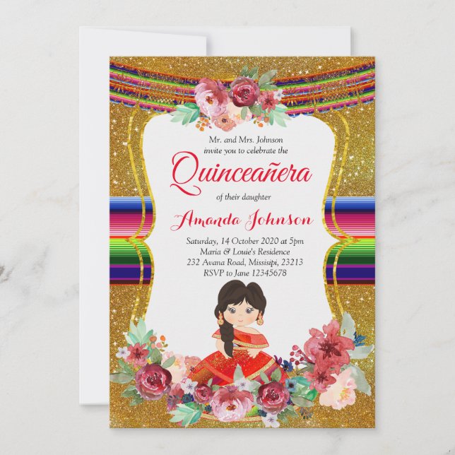 Convite Aniversário espanhol da Quinceañera Vermelha e Dou (Frente)