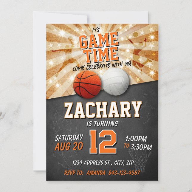 Convite Aniversário Esportivo de Futebol de Basquete e Vol (Frente)