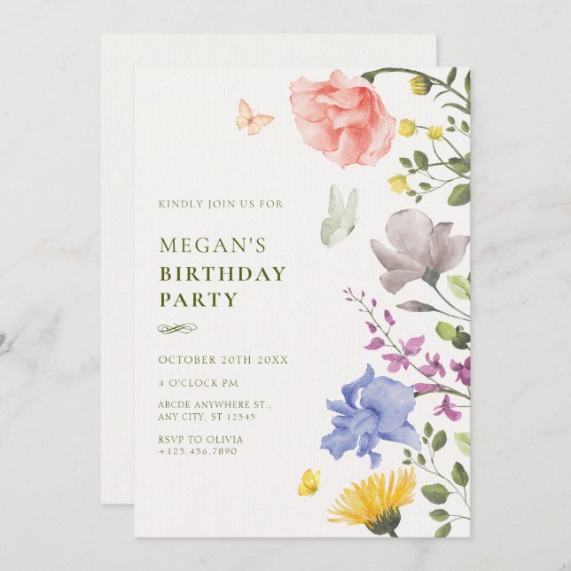 Convite Aniversário estético do jardim floral (Frente/Verso)