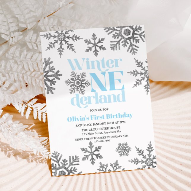 Convite Aniversário Floco de Neve Azul Prata Winter Oneder (Criador carregado)