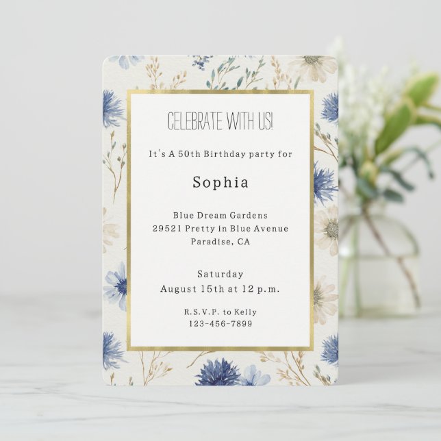 Convite Aniversário Floral Azul Branco (Em pé/Frente)