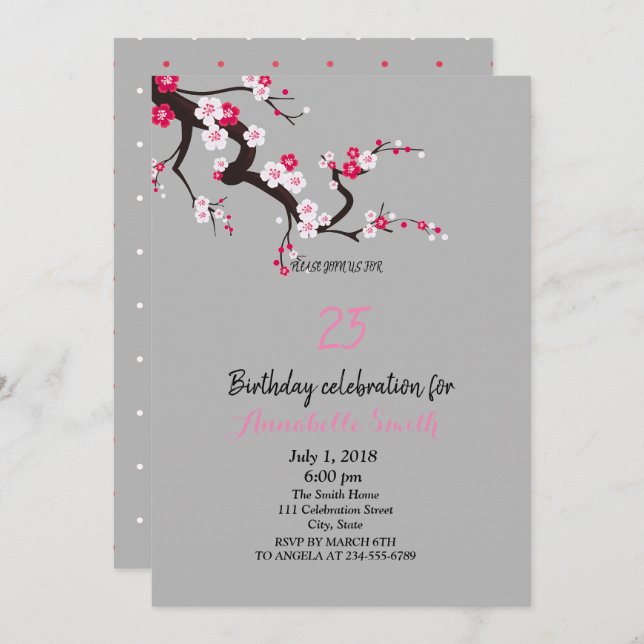 Convite Aniversário floral branco cor-de-rosa da cerejeira (Frente/Verso)