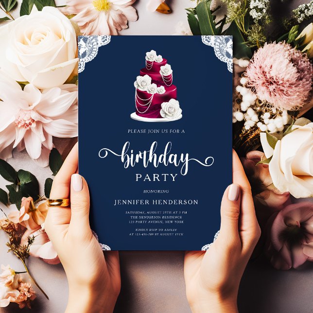 Convite Aniversário Floral da Borboleta Azul-Marinho Elega (Elegant Navy Blue Burgundy Floral Birthday Invitation)