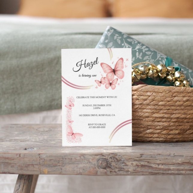 Convite Aniversário Floral da Borboleta Rosa Escamuflada E (Butterfly Girl 1st Birthday Invitation)
