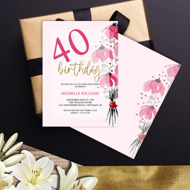 Convite Aniversário Floral da Caligrafia Dourada Elegante (Criador carregado)