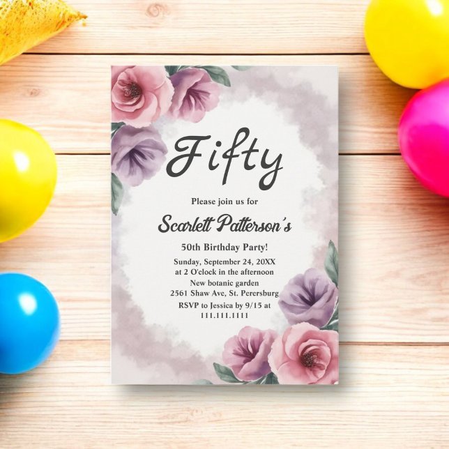 Convite Aniversário Floral de Cor da Água Púrpura Elegante (Criador carregado)