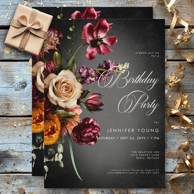 Convite Aniversário Floral de outono de Outono Escuro Eleg (Dark Elegant Blur Autumn Floral Birthday Invitation)