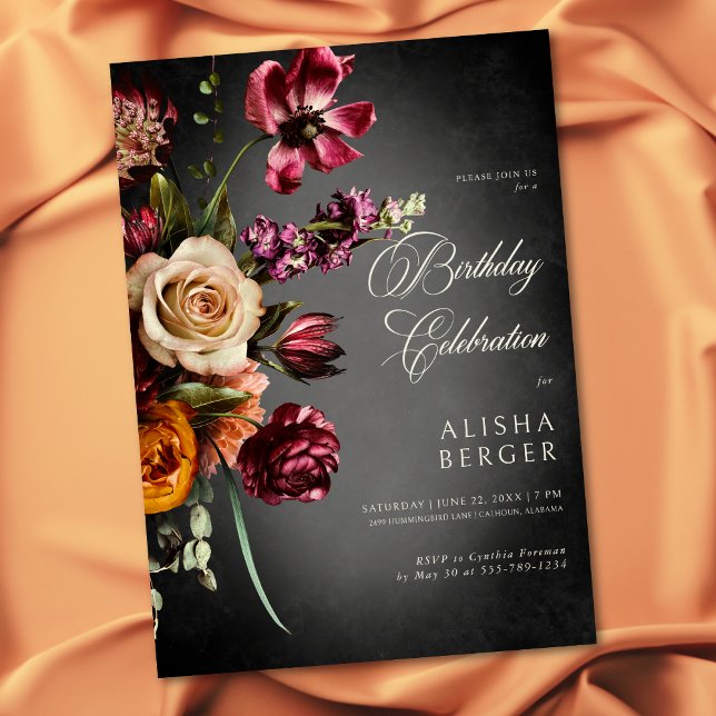 Convite Aniversário Floral de outono Escuro (Dark Elegant Autumn Floral Birthday Invitation)