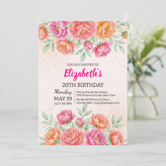 Convite Aniversário Floral de Peônia Rosa em Aquarela