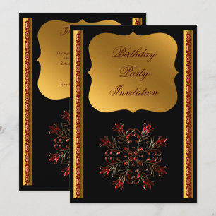 Convite Aniversário Floral Decorativo Vermelho & Dourado E