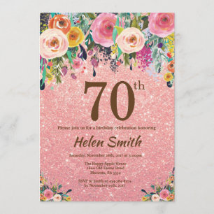Convite Aniversário floral do 70 do rosa Dourado