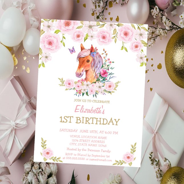 Convite Aniversário Floral do Pony Glitter Dourado (Criador carregado)