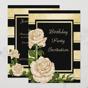 Convite Aniversário Floral Dourado e Preto Clássico