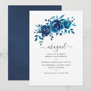 Convite Aniversário Floral em Aquarela Azul Marinho e Bran