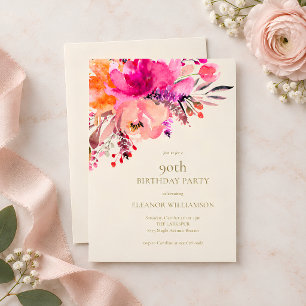 Convite Aniversário Floral em Aquarela Rosa Brilhante Eleg