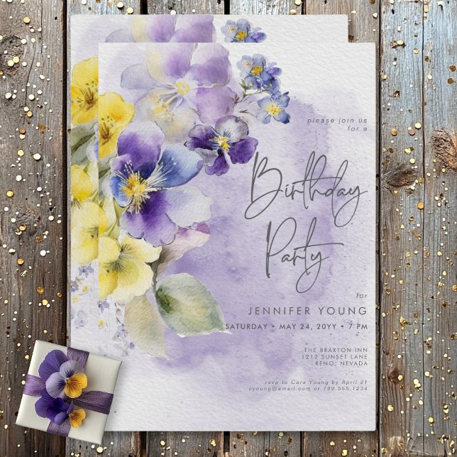 Convite Aniversário Floral Moderno Púrpura e Amarela (Purple & Yellow Floral Modern Birthday Invitation)