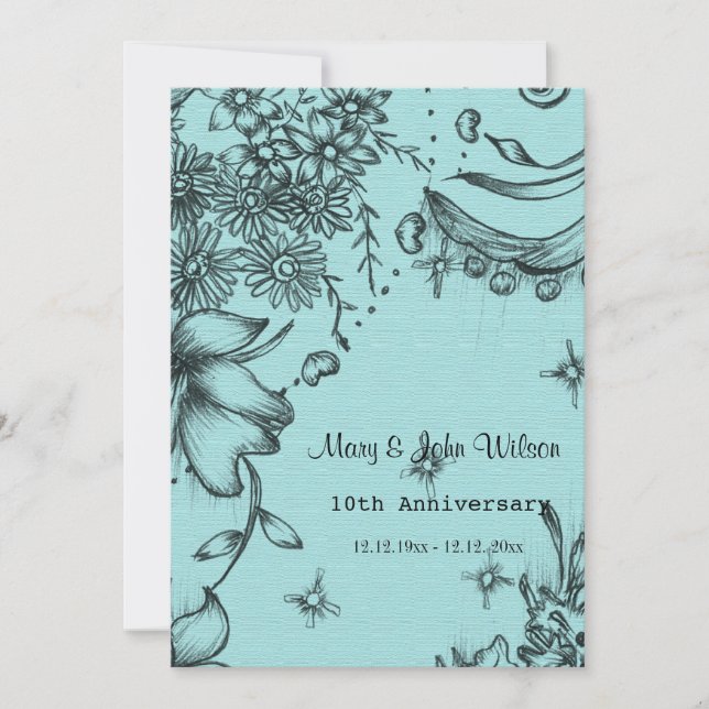 Convite aniversário floral preto e azul estilo antigo (Frente)