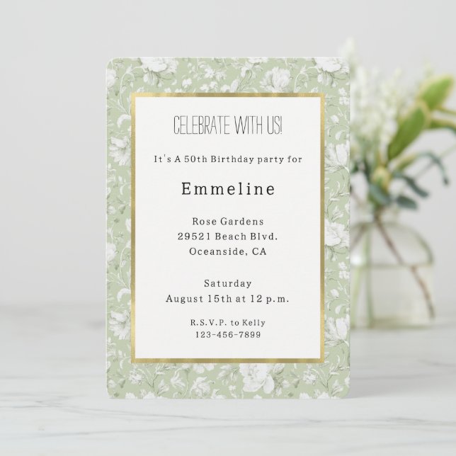 Convite Aniversário Floral Romântico Verde Branco (Em pé/Frente)