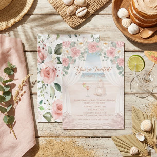 Convite Aniversário Floral Rosa Bege Elegante Praia