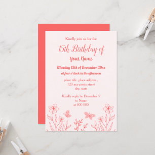 Convite Aniversário floral rosa-coral elegante romântico