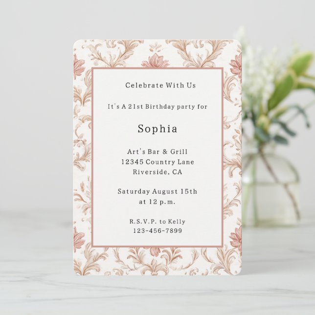 Convite Aniversário Floral Rosa Creme Branco (Em pé/Frente)