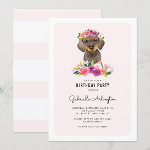 Convite Aniversário Floral Rosa Rosa Dachshund Dachshund