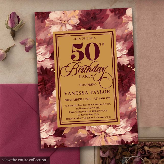 Convite Aniversário floral sofisticado do merlot blush gol (Sophisticated merlot blush gold floral birthday invite

)