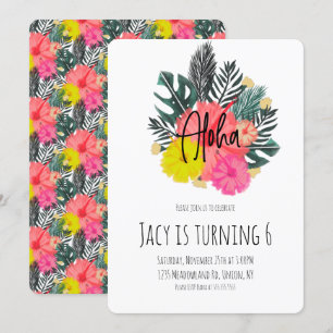 Convite Aniversário Floral Tropical Aloha Desenhado à Mão