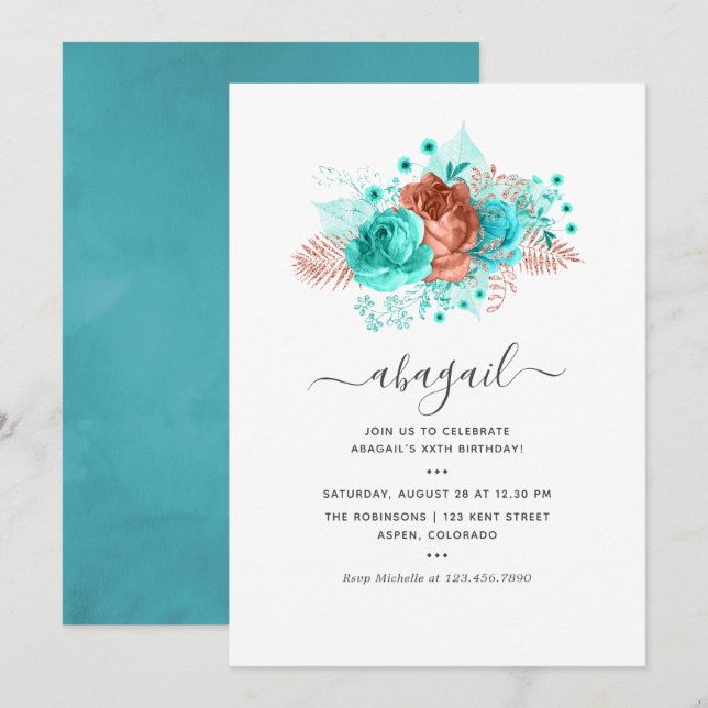 Convite Aniversário Floral Turquesa e Coral (Frente/Verso)
