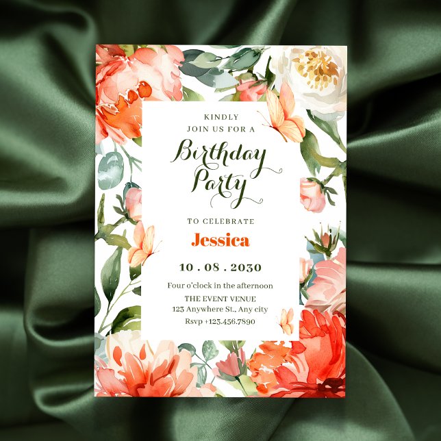 Convite Aniversário floral verde-alaranjado (Criador carregado)