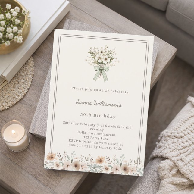 Convite Aniversário floral verde marfim suave (Criador carregado)