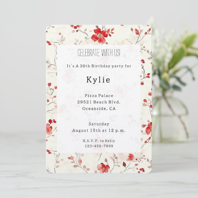 Convite Aniversário Floral Vermelho Creme   (Em pé/Frente)