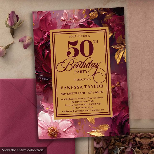 Convite Aniversário floral vermelho-escuro de cor aquática (Watercolor deep red blush gold floral birthday invite

)