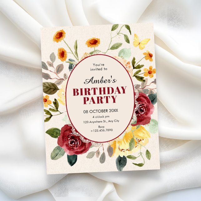 Convite Aniversário floral vintage (Criador carregado)