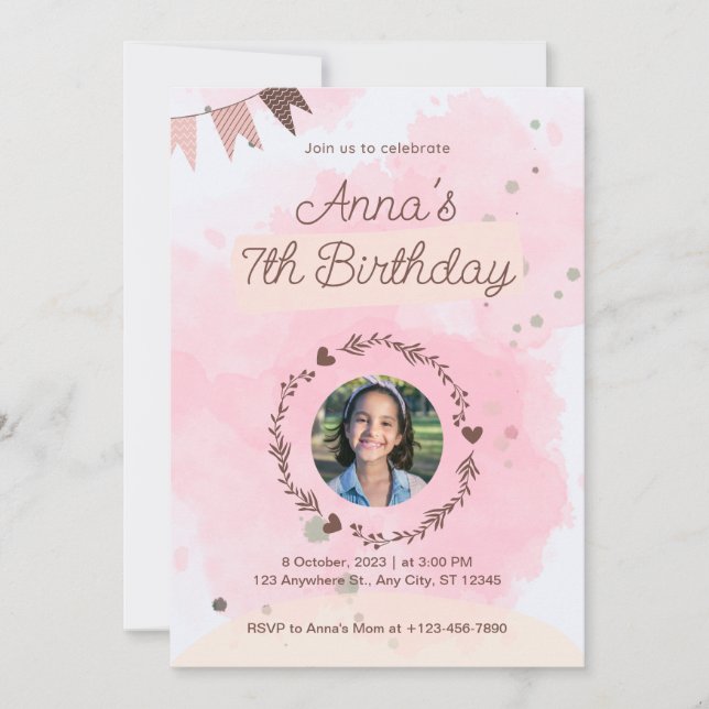 Convite Aniversário Fofo Aquarela Rosa (Frente)