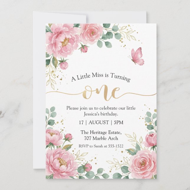 Convite Aniversário Fofo de Menina com Flores Rosa (Frente)