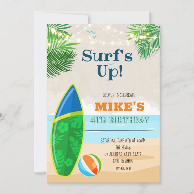 Convite Aniversário fofo de surf na praia (Frente)