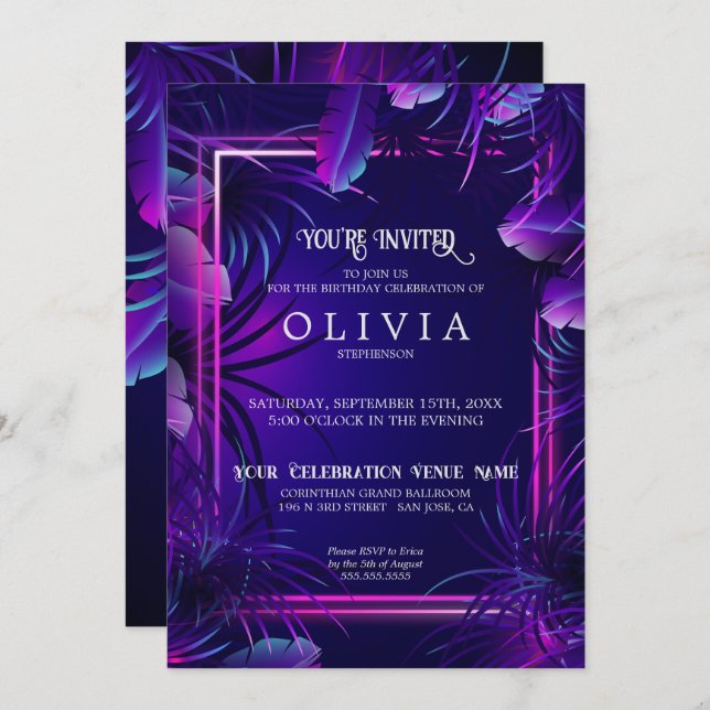 Convite Aniversário | Folhagem Tropical de Neon Roxo (Frente/Verso)