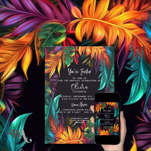 Convite Aniversário Folhagem Tropical Neon em Negrito