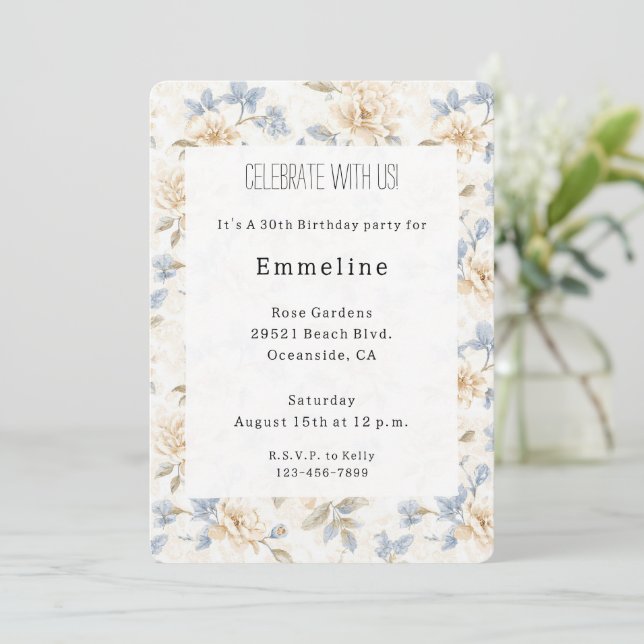 Convite Aniversário Folhas Azuis Florais Creme Romântico (Em pé/Frente)