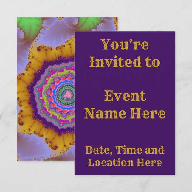 Convite Aniversário Fractal Colorido Dourado e Roxo (Frente/Verso)